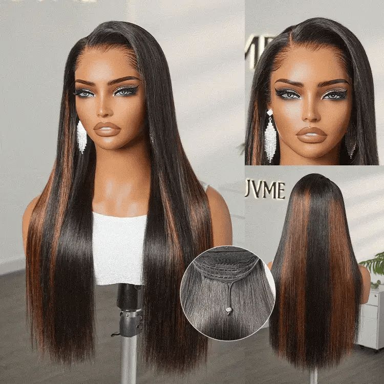 Pre-do Lagos Hairline Flexi Fit Invisi Drawstring Cap Natural Black & Copper Ombre Highlights Silky Straight Glueless 13x4 Frontal HD Lace Wig Pre-Cut Lace