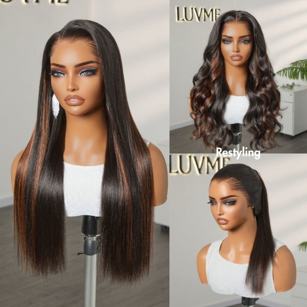 Pre-do Lagos Hairline Flexi Fit Invisi Drawstring Cap Natural Black & Copper Ombre Highlights Silky Straight Glueless 13x4 Frontal HD Lace Wig Pre-Cut Lace
