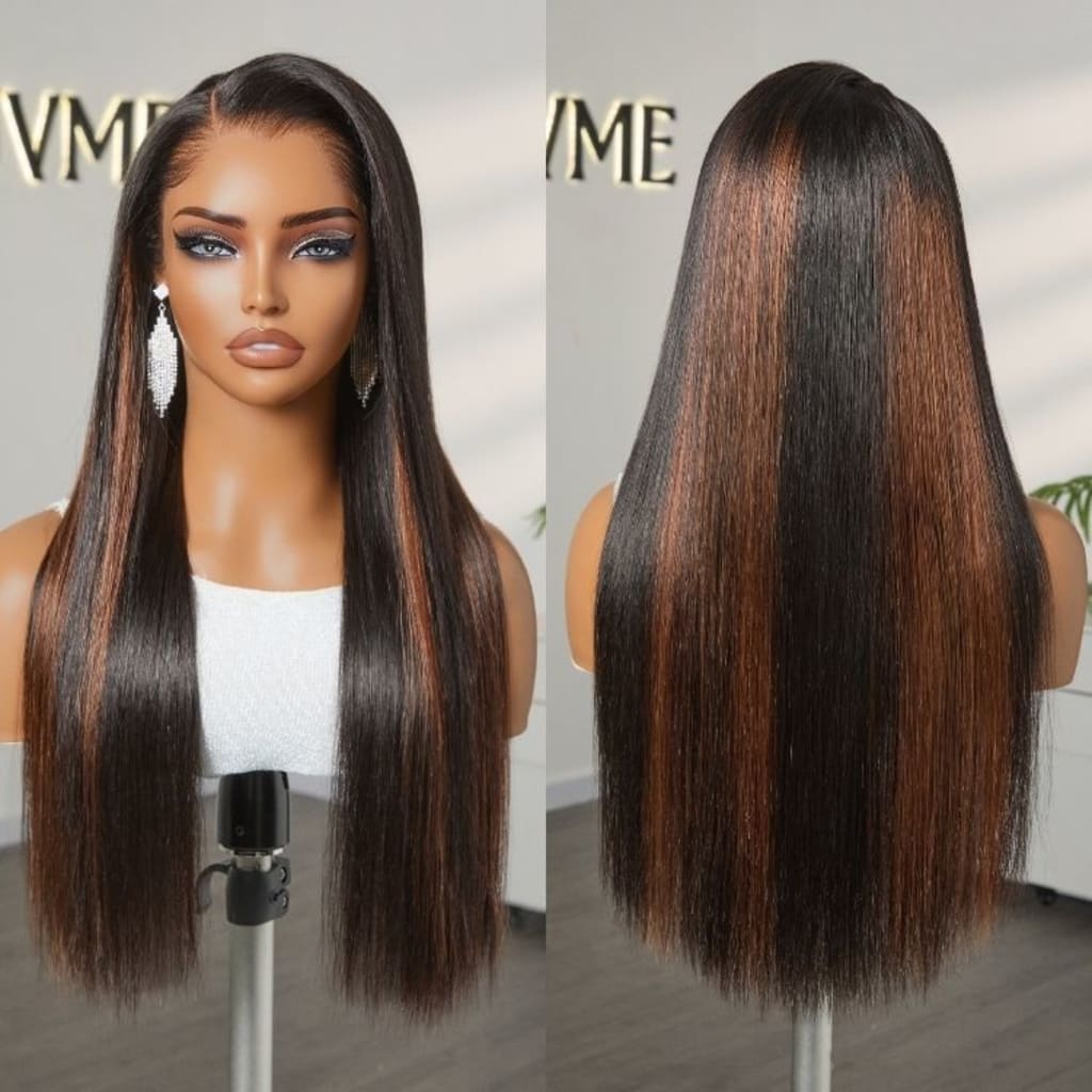 Pre-do Lagos Hairline Flexi Fit Invisi Drawstring Cap Natural Black & Copper Ombre Highlights Silky Straight Glueless 13x4 Frontal HD Lace Wig Pre-Cut Lace